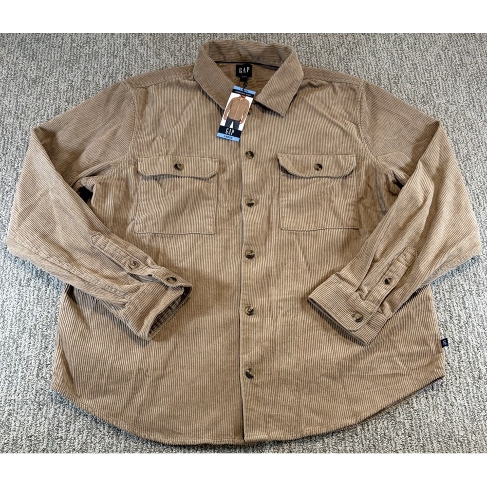 GAP Corduroy Button Up Shirt Mens L Beige Heavyweight Long‎ Sleeve Cotton NEW